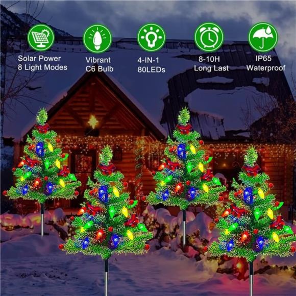 4-Packs Solar Prelit Christmas Tree with 80LED C6 Lights, 8 Modes, Waterproof - Picture 3 of 7